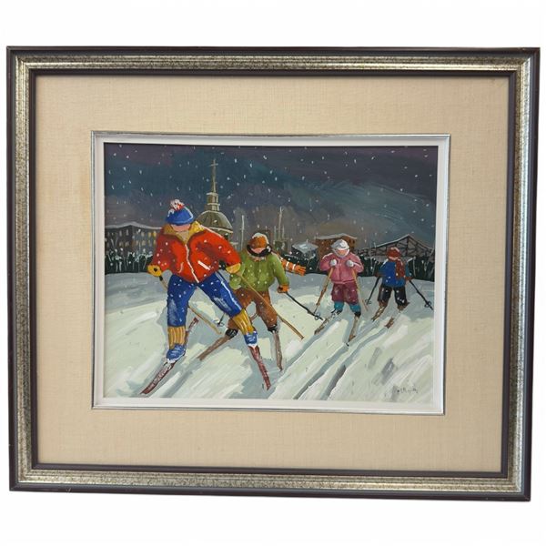 1986 Signed Original Pauline Thibodeau Paquin Painting "Cross Country Skiing" - Oil on Board - Exter