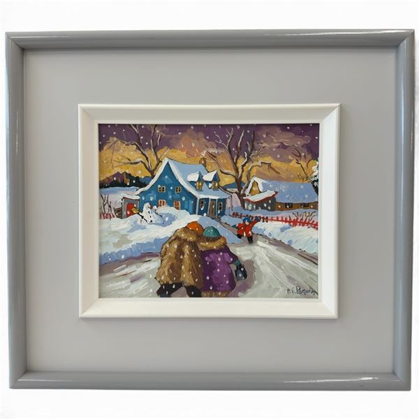 1986 Signed Original Pauline Thibodeau Paquin Painting "After Church" - Oil on Board - Exterior fram