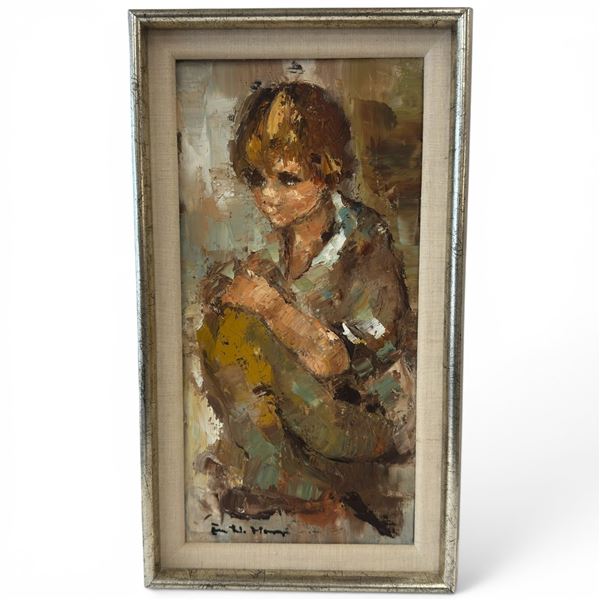 Signed Original Eva N. Mosonyi Impasto Portrait Painting of a Young Boy - Artist Signed on Front and