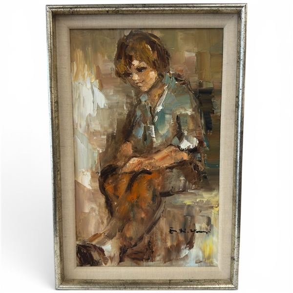 Signed Original Eva N. Mosonyi Impasto Portrait Painting of a Young Boy - Artist Signed on Front an