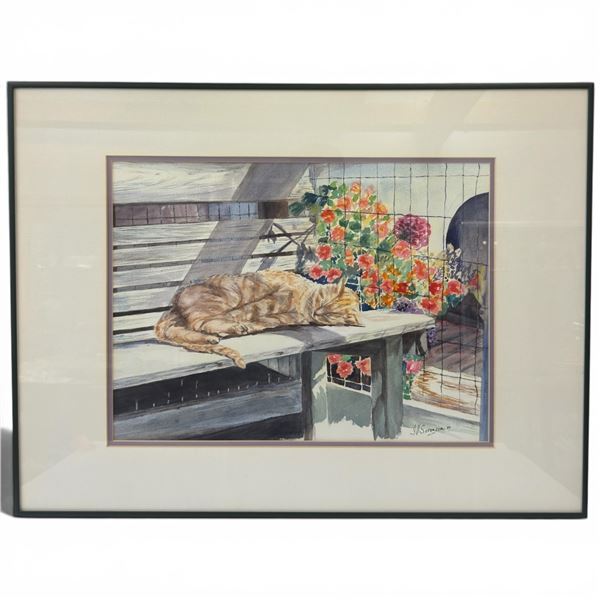 1994 Signed Origianl J. V. Sorenson Watercolour Painting of Cat in Catio - Double Matted in 20" x 27