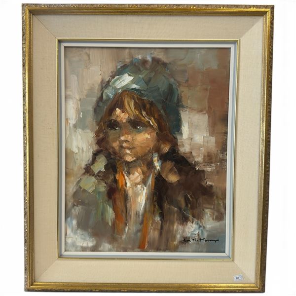 Signed Original Eva N. Mosonyi Impasto Portrait Painting of a Young Girl - Artist Signed on Front an