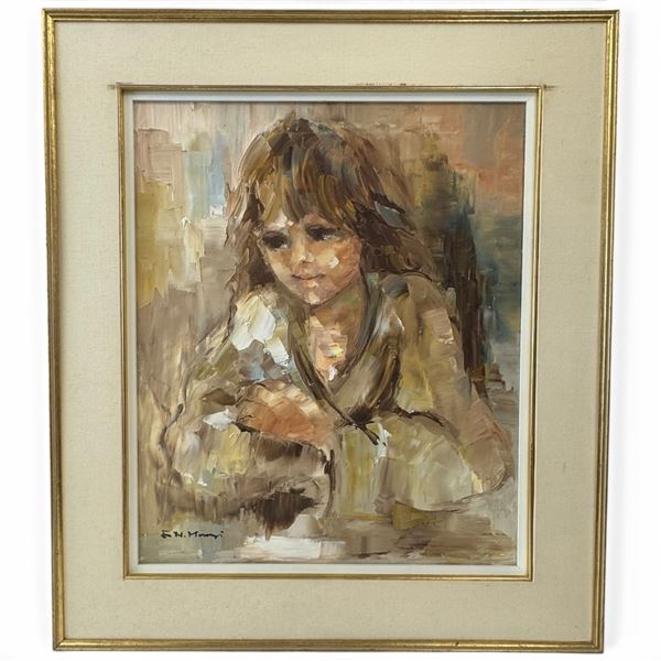 Signed Original Eva N. Mosonyi Impasto Portrait Painting of a Young Girl - Artist Signed on Front an