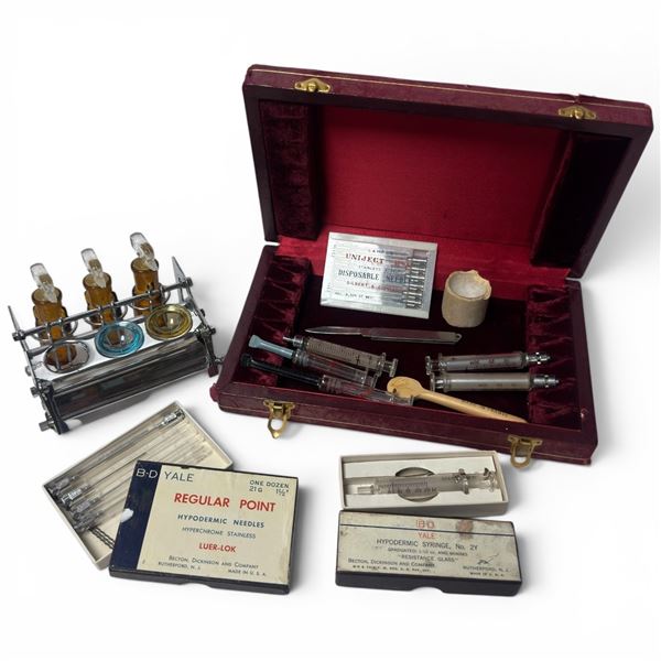 Group of Vintage Anesthetic Dripper, Pen Knife and Glass Hypodermics - One dish missing from the dri