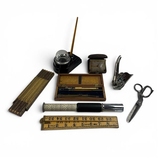 Group of Vintage Desk Items - Alarm Clock, Inkwell with Pen, Calculator, Scissors and More