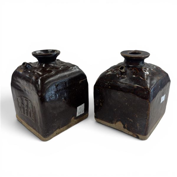 2 Vintage Chinese Stoneware Soy Sauce Jars with Spouts and Dark Brown Glaze - Each jar is 4.5" x 4.5