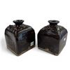 Image 1 : 2 Vintage Chinese Stoneware Soy Sauce Jars with Spouts and Dark Brown Glaze - Each jar is 4.5" x 4.5
