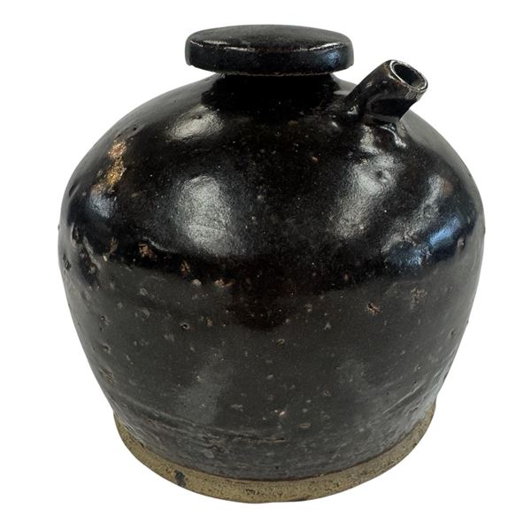 Antique Ceramic Oil or Soy Sauce Jar with Spout - Possibly Late 19th Century - 6" tall x 6.5" diamet