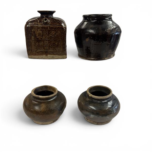 4 Vintage Chinese Glazed Stoneware Jars - Largest 5" tall x 6" diameter (spout is damaged on the soy
