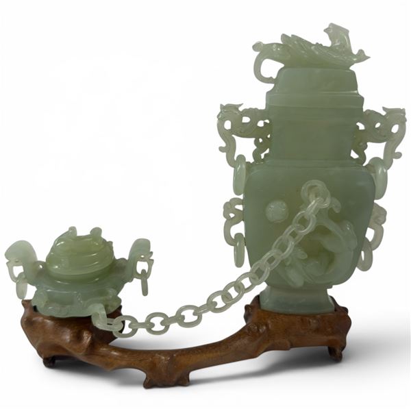 Light Green Jade Carved Vessel with Chained Censure on Stand - 7" tall on a 2" x 7" stand