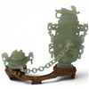 Image 1 : Light Green Jade Carved Vessel with Chained Censure on Stand - 7" tall on a 2" x 7" stand