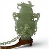 Image 2 : Light Green Jade Carved Vessel with Chained Censure on Stand - 7" tall on a 2" x 7" stand