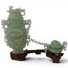 Image 6 : Light Green Jade Carved Vessel with Chained Censure on Stand - 7" tall on a 2" x 7" stand