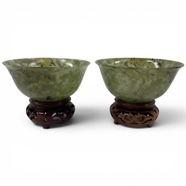 Pair of Chinese Jade Cups on Stands - Cups are 2.25" deep x 4" diameter)