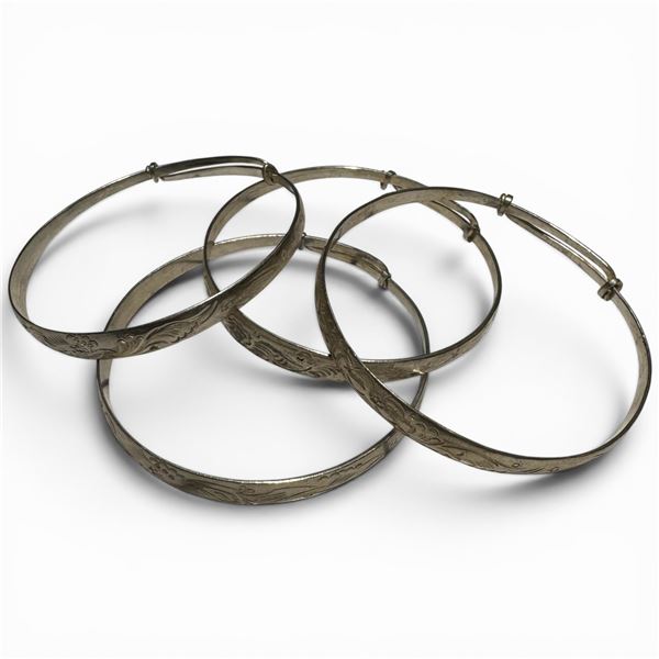 4 Identical Sterling Silver Adjustable Bangle Bracelets - Total Weight: