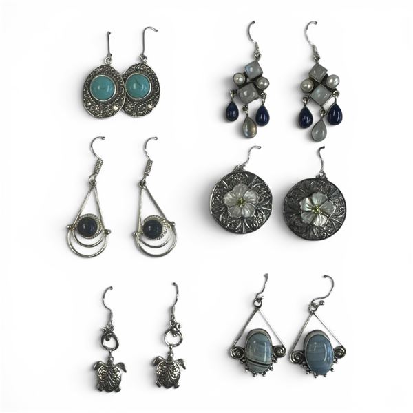 6 Pairs of Natural Gemstone & Crystal Earrings in Silver Settings (Turquoise, Mother of Pearl,  Lapi