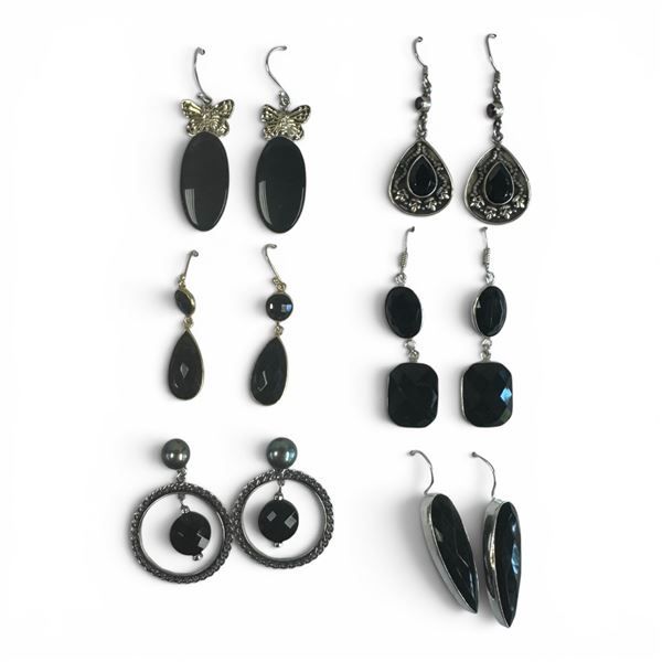 6 Pairs of Natural Gemstone & Crystal Earrings in Silver Settings (Black Onyx - some with crystal or