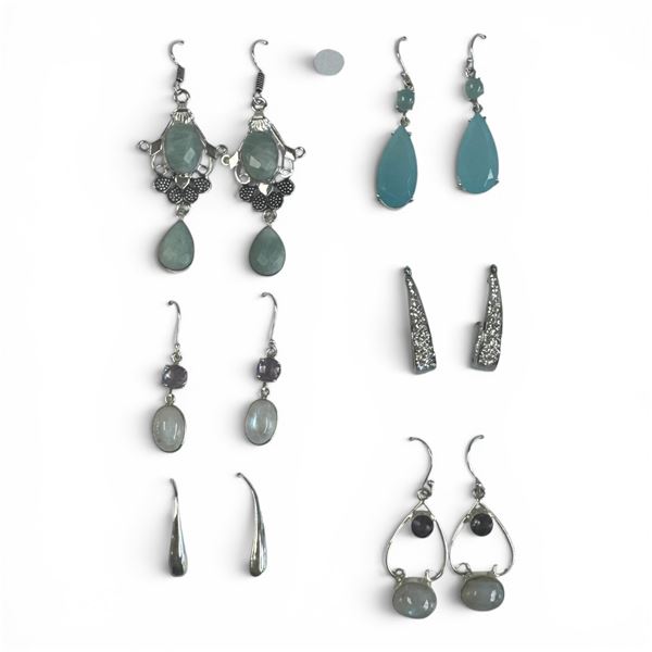 6 Pairs of Natural Gemstone & Crystal Earrings in Silver Settings (Blue Chalcedony, Moonstone, Ameth