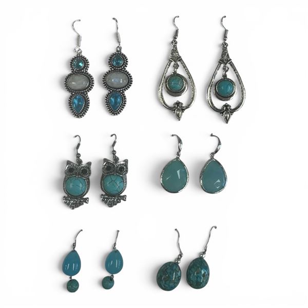 6 Pairs of Natural Gemstone & Crystal Earrings in Silver Settings (Turquoise, Blue Topaz Crystal, Mo