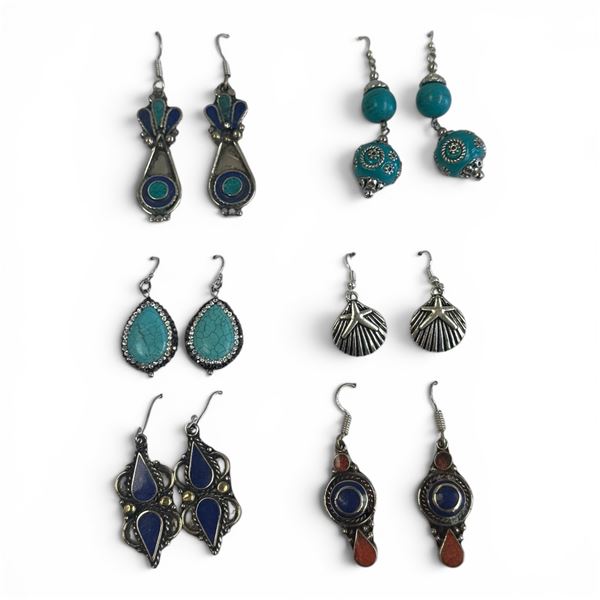 6 Pairs of Natural Gemstone & Crystal Earrings in Silver Settings (Lapis, Turquoise, Carnelian, & Mo