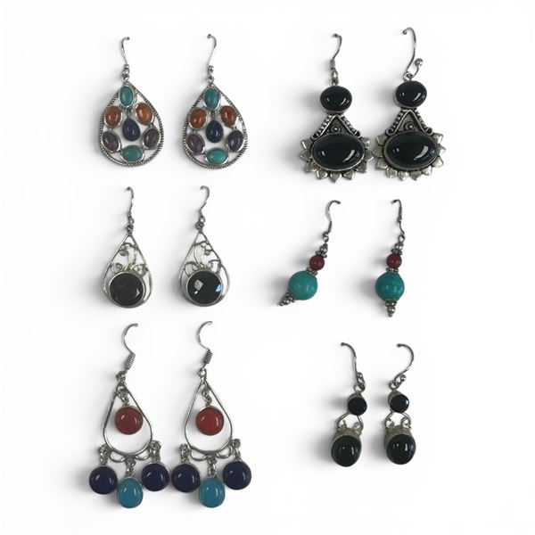 6 Pairs of Natural Gemstone & Crystal Earrings in Silver Settings (Purple Charoite, Black Onyx, Chal