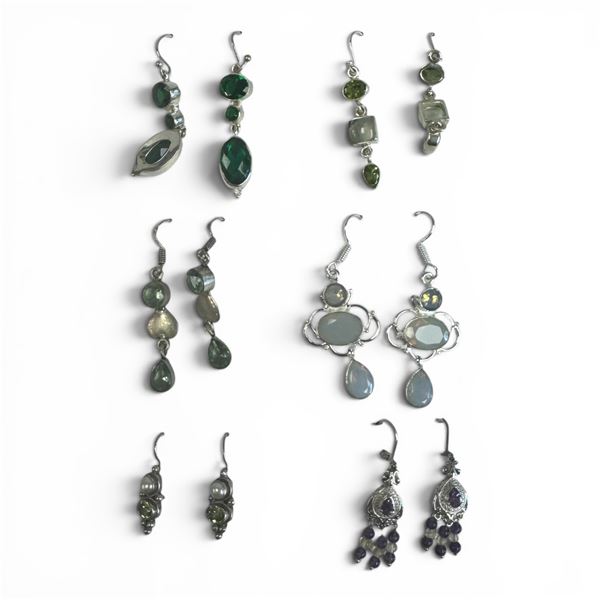 6 Pairs of Natural Gemstone & Crystal Earrings in Silver Settings (Peridot and Emerald Crystal, Opal