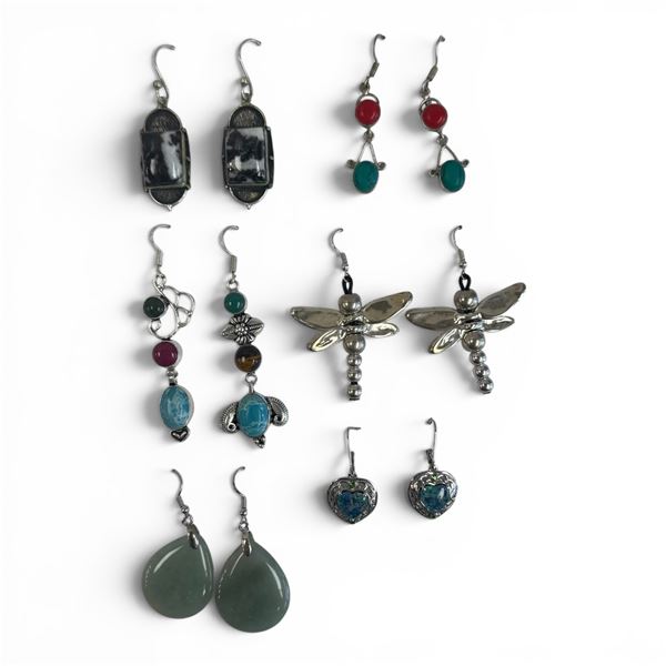 6 Pairs of Natural Gemstone & Crystal Earrings in Silver Settings (Opal, Green Agate, White Buffalo