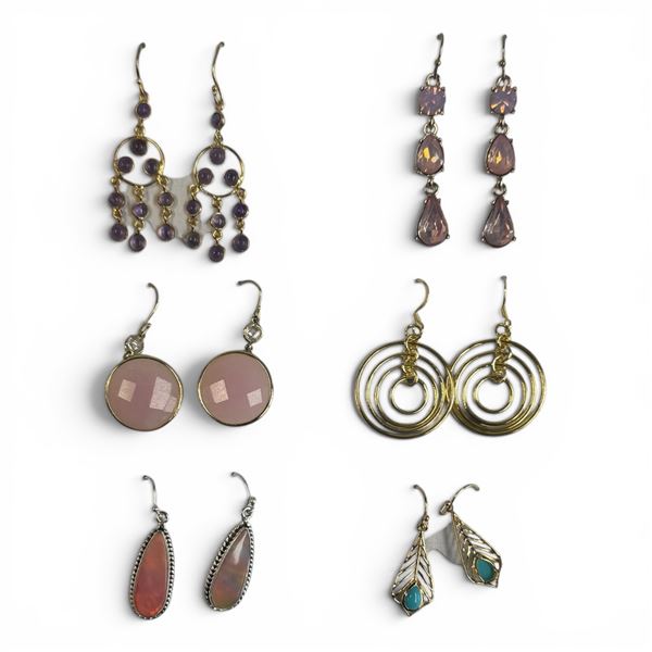 6 Pairs of Natural Gemstone & Crystal Earrings in Gold-tone Settings (Opal, Amethyst, Pink Crystal,