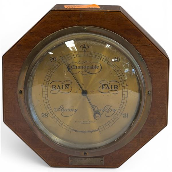 1920s Hexagonal Inlaid Mahogany Wall Barometer by Southall Bros. & Barclay, Birmingham (1925 Brass P