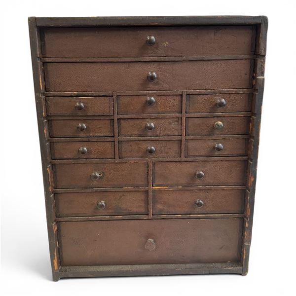 Vintage Watchmakers 16 Drawer Countertop Parts Cabinet and Contents - Cogs. Springs, watch faces and