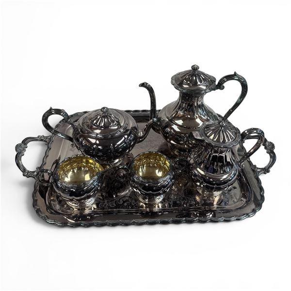 Silver Plated Coffee and Tea Service on Tray (Primrose Plate) - 25th Anniversary Dedication Engraved