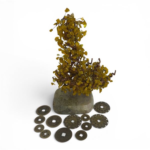 9" Tall Feng Shui Lucky Tree and 10 Brass Feng Shui Medallions