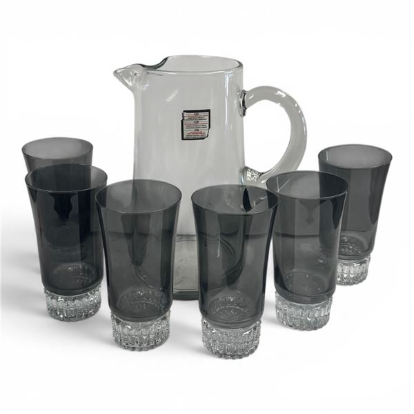 Smoked Glass Tumblers & Clear Hand Made 10" Pitcher (Pitcher has original label)