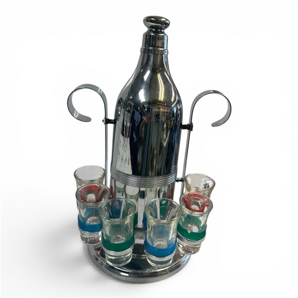 Mid-Century Chrome Tipping Shot Dispenser Set with All the Original Shot Glasses