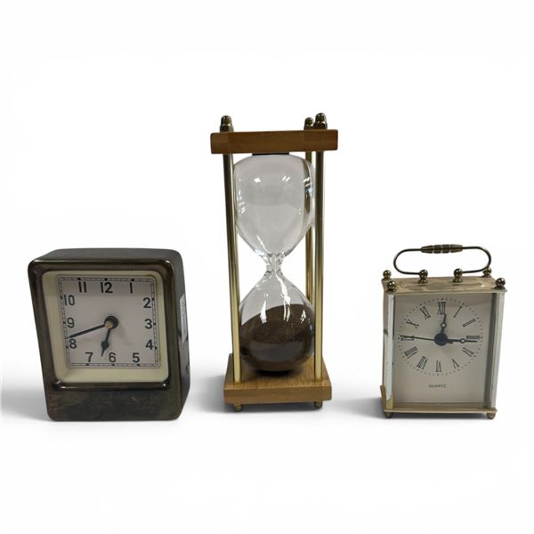 2 Vintage Alarm Clocks & 6" Hour Glass