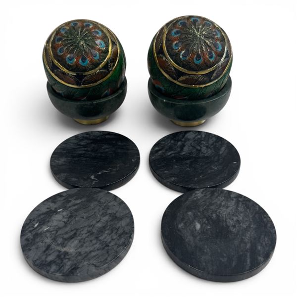 Group of 2 Carved Wood & Brass Peacock Balls (4"), 2 x  4" Green Marble Bowls & 4 Grey Marble Coaste