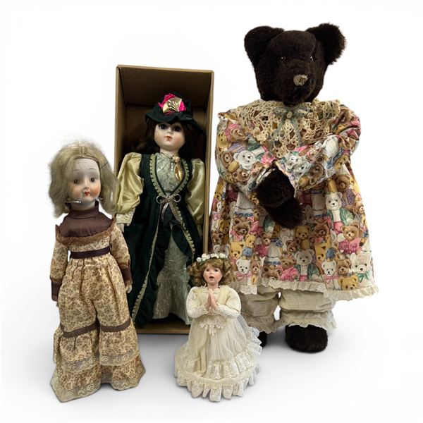 Group of Bear & Dolls - 28" Tall Bear with Wood Body, 16" Porcelain Doll in Original Box  & 2 Other