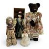 Image 1 : Group of Bear & Dolls - 28" Tall Bear with Wood Body, 16" Porcelain Doll in Original Box  & 2 Other