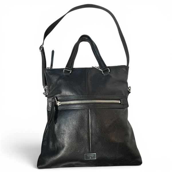 Large Black Leather Shoulder Bag with Fossil Logo - Preowned