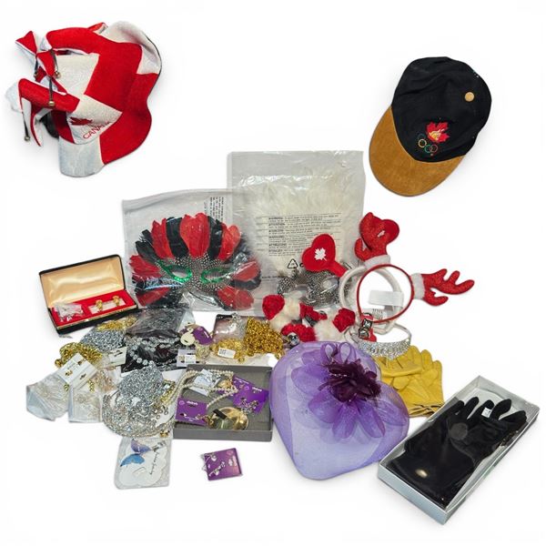 Group of: Fashion Jewelry, Tiaras, Feather Masks and Christmas Hats - New and Preowned