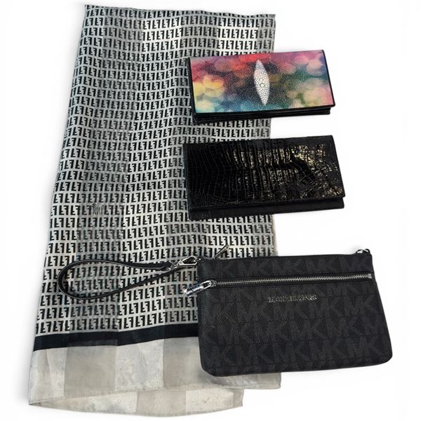 Group of 3 Designer Logo Wallets & 1 Fendi Zucca Monogram Scarf - (Michael Kors, Kismet Stingray, an