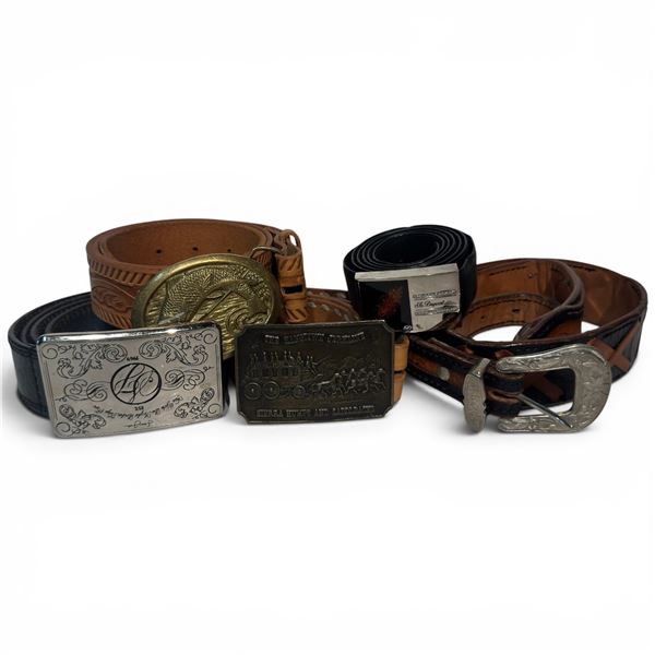 Group of 5 Leather Belts with Buckles - Variety of Designs and Sizes
