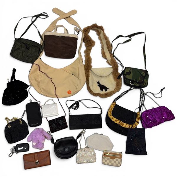Large Wicker Box with Assorted Purses, Wallets and Clothing - Preowned
