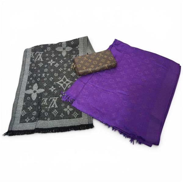 Zippered Wallet, 1 Purple Pashmina & 1 Black/Grey Scarf - All with Louis Vuitton Logo - Preowned