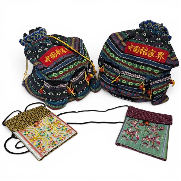 2 New Woven Cloth Bucket Bags & 2 New Embroidered Cross Body Bags