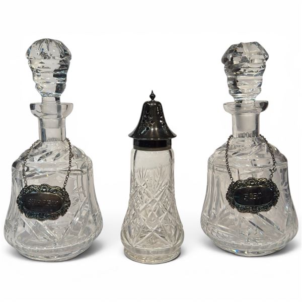 2 Glass Decanters & 1 Crystal Sugar Shaker (Silver Plated "Sherry" & "Port" Decanter collars)
