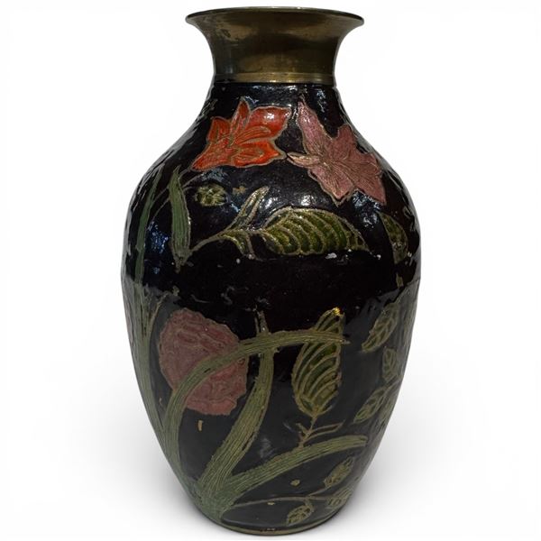 Black Cloisonne Vase with Red, Pink & Green Floral Design - 8" tall x 6" diameter