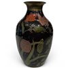 Image 1 : Black Cloisonne Vase with Red, Pink & Green Floral Design - 8" tall x 6" diameter