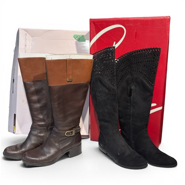 2 Pairs of Ladies Tall Boots with Boxes (Size 6M) - Black Lazer Cut & Brown Wide Calf