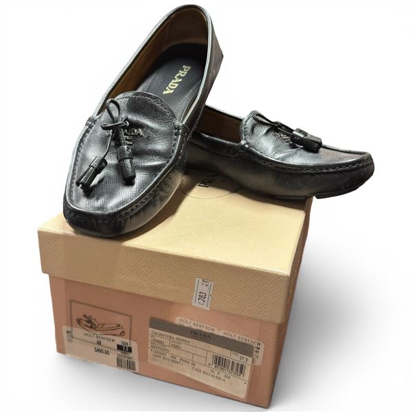 Ladies Black Leather Prada Loafers with Box - Model: Calzatura Donna - Size 37.5 - Preowned